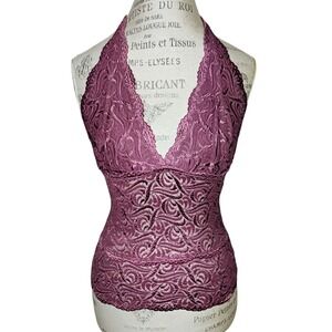 Bebe NWT Lace Halter Top Size Med Purple Y2K Scalloped Sheer Feminine Romantic